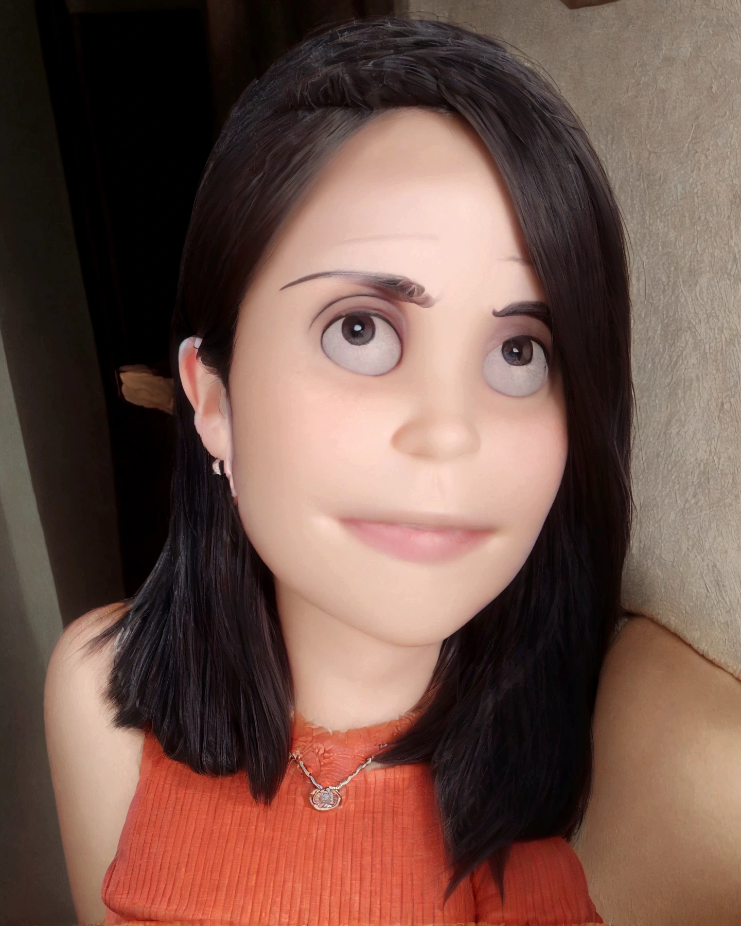A 40 year old woman, long black hair, round face, white shirt with orange sleeves, in a classroom background, Pixar Disney style, 8k, high detailed, photorealistic, cinematic lighting, warm color tones, intricate details, volumetric lighting, soft focus, dramatic composition, realistic skin texture, beautiful eyes, elegant expression, dynamic pose