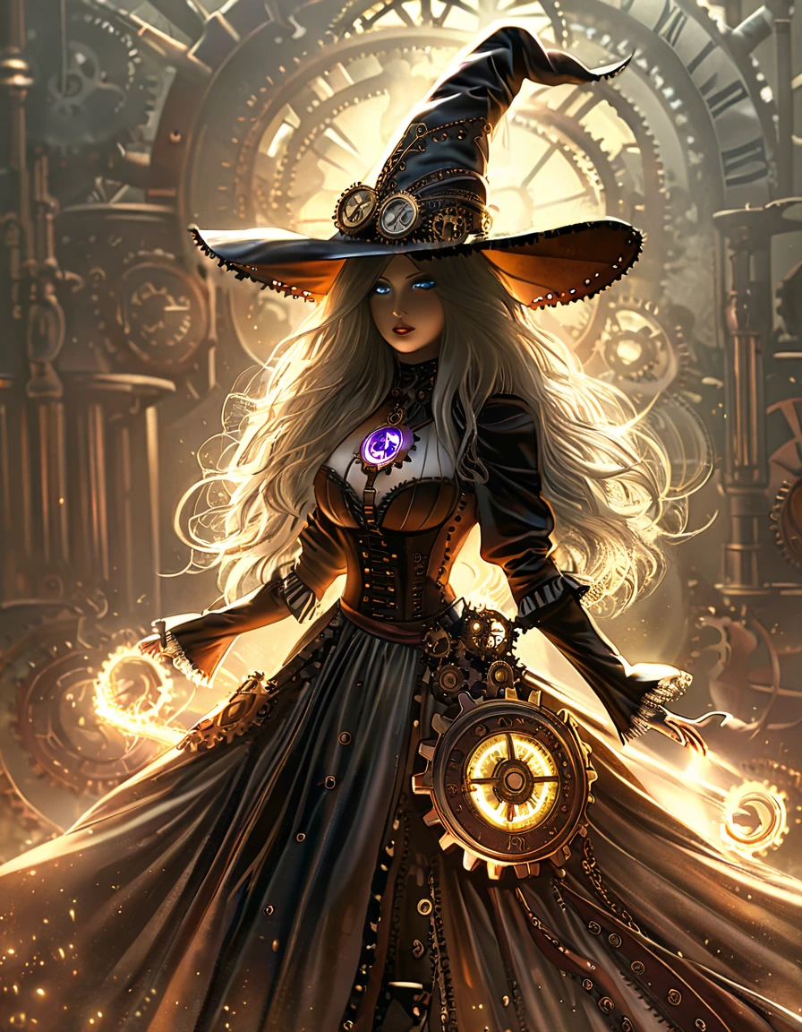 steampunk female witch, extremely detailed face, beautiful detailed eyes, beautiful detailed lips, long eyelashes, full body, intricate clockwork gears, brass and copper machinery, rusted metal textures, glowing energy effects, dramatic chiaroscuro lighting, cinematic composition, moody color palette, award-winning digital art