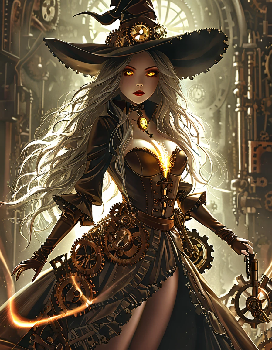 steampunk female witch, extremely detailed face, beautiful detailed eyes, beautiful detailed lips, long eyelashes, full body, intricate clockwork gears, brass and copper machinery, rusted metal textures, glowing energy effects, dramatic chiaroscuro lighting, cinematic composition, moody color palette, award-winning digital art