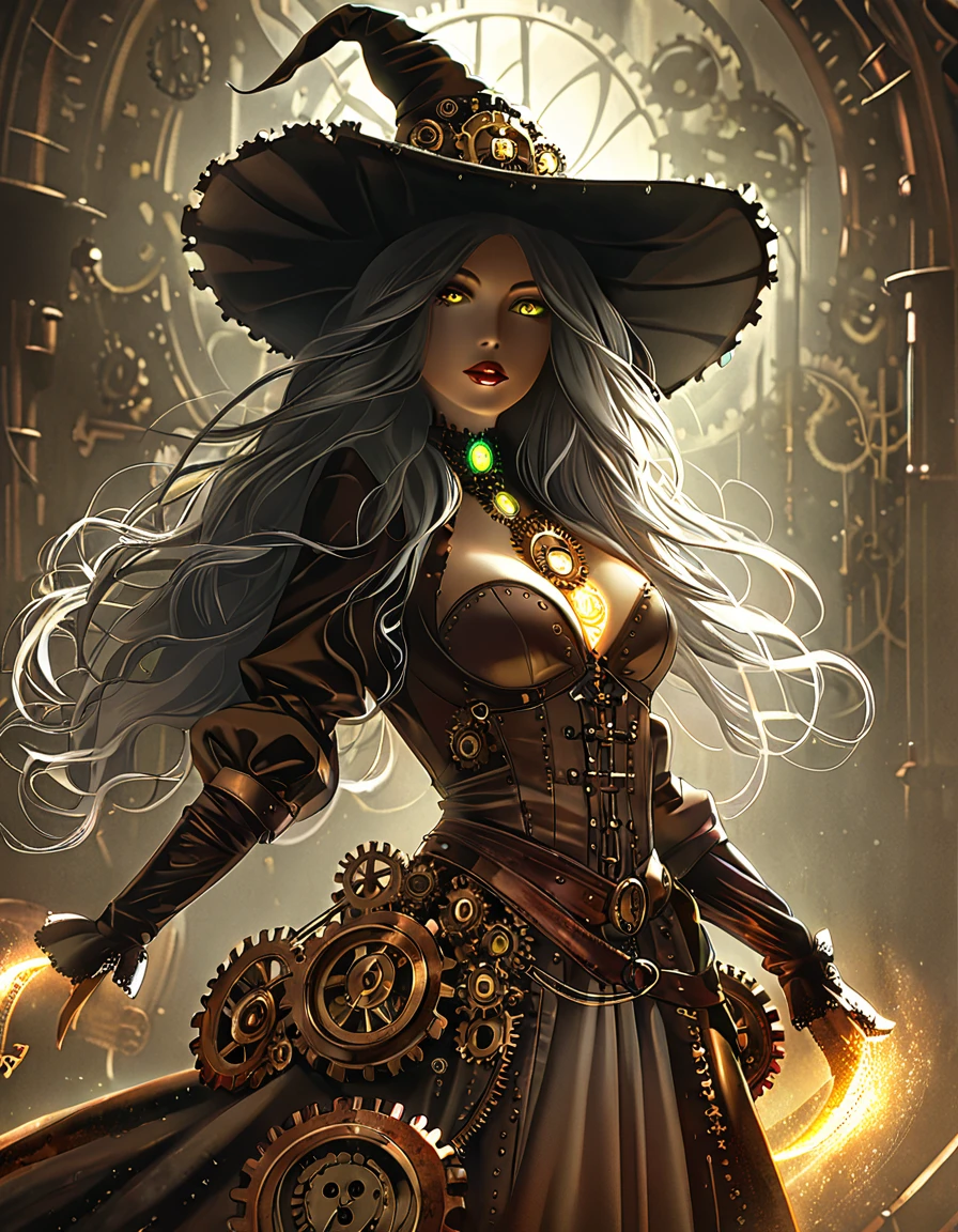 steampunk female witch, extremely detailed face, beautiful detailed eyes, beautiful detailed lips, long eyelashes, full body, intricate clockwork gears, brass and copper machinery, rusted metal textures, glowing energy effects, dramatic chiaroscuro lighting, cinematic composition, moody color palette, award-winning digital art