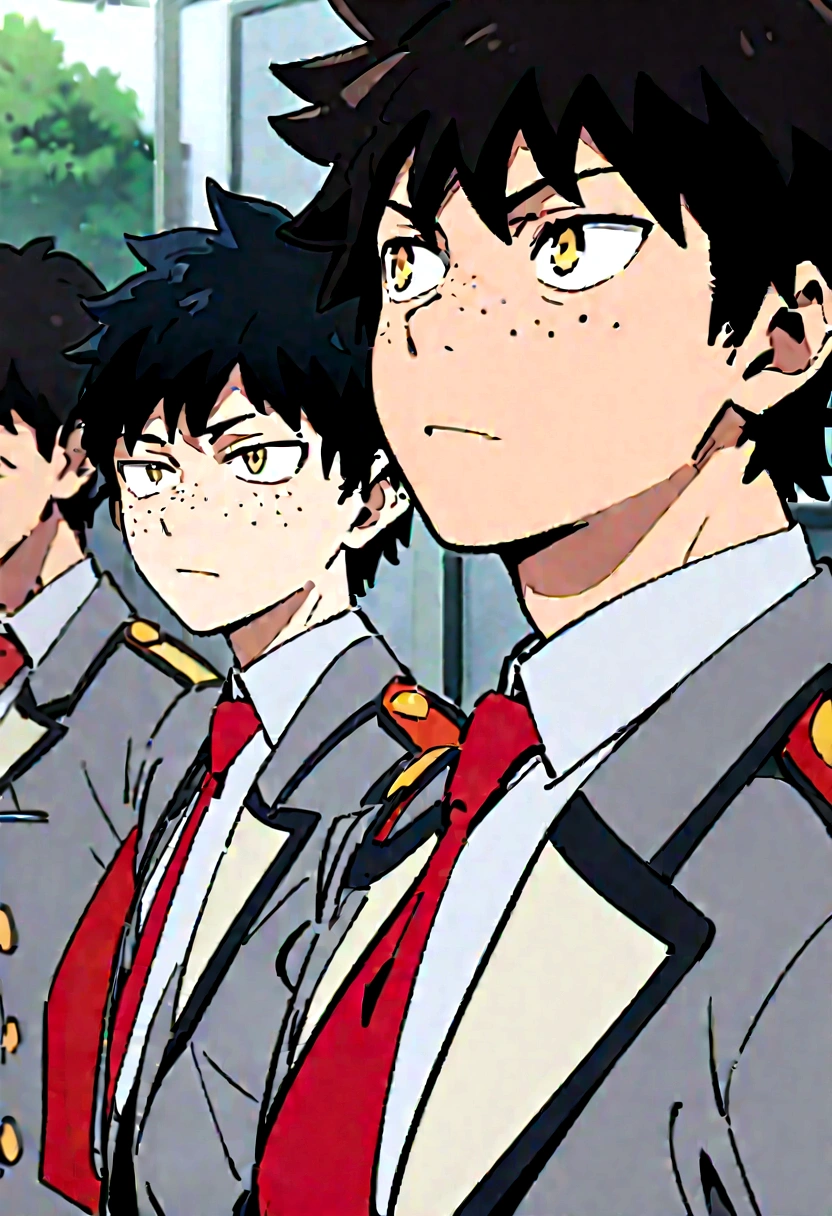 screenshot my hero academy. Boy black hair and blue. Intense yellow eyes with freckles, an expression of tranquility. He wears a U.A uniform, a gray jacket and a red tie, in the background of a school environment.