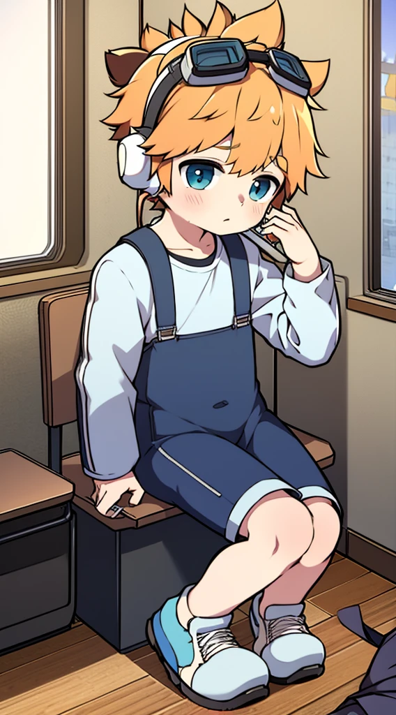 2D Shonen Shota，One-piece mountaineering suit，Put the headphones on your head，permanent，goggles，trumpet，Cow ears，sports shoes，classroom