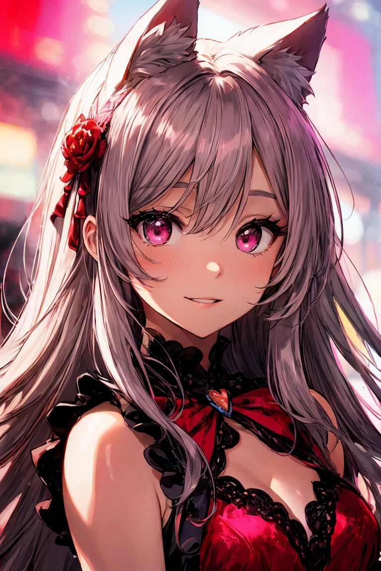非Highly detailed face,fine grain,Highlighted eyes, medium breasts ,pretty girl, smile shyly,Cat ear,Beautiful silver hair,Pink inside,Beautiful pink eyes,shiny skin, beautiful shadow, Close-up of face, singing scene, dress scene, looking the viewer, Represent idol in bright colors, Represent idol dress in colorful colors