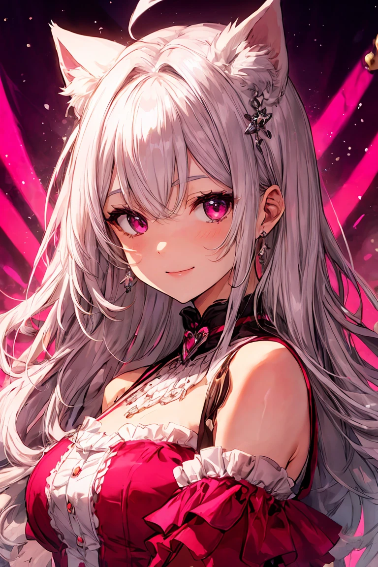 非Highly detailed face,fine grain,Highlighted eyes, medium breasts ,pretty girl, smile shyly,Cat ear,Beautiful silver hair,Pink inside,Beautiful pink eyes,shiny skin, beautiful shadow, Close-up of face, singing scene, dress scene, looking the viewer, Represent idol in bright colors, Represent idol dress in colorful colors