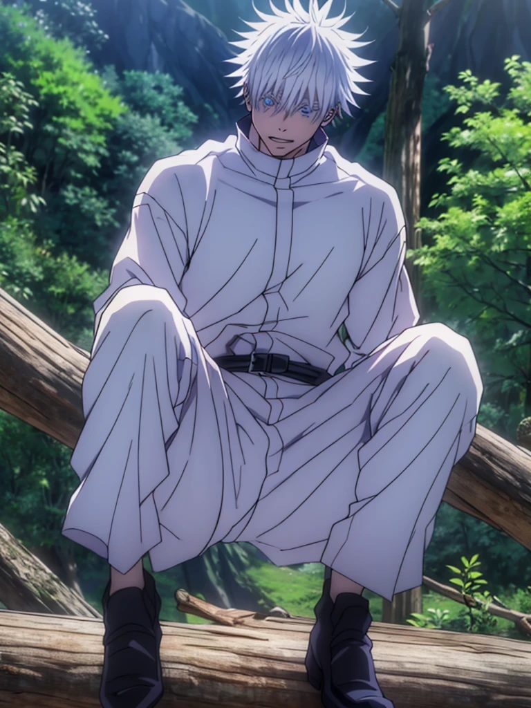 Generate the famous character Satoru Gojo from the anime Jujutsu Kaisen, dicho personaje es un albino, de pelo blanco, con ojos celestes cristalinos, tall size, lleva un polo negro manga corta, wide white pants, Chinese shoes and a black belt. The character is in a camp sitting on a wooden log, al lado de una fogata, se encuentra solo. 