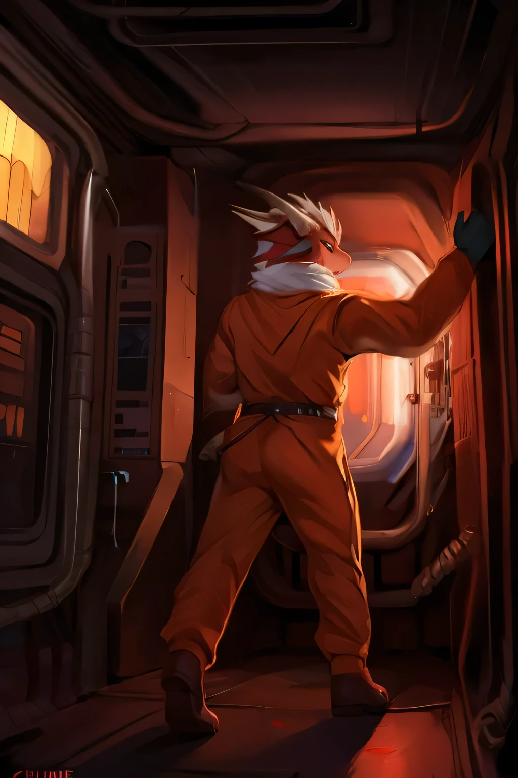 Anthro dragon wearing orange jumpsuit in submarine, rusted metal, no windows, small submarine, tight space, old fashioned submarine, deep ocean, blood ocean, red water, exhausted expression, vhs effect, detailed, realistic, by zackary911, by chunie, serious expression, high quality, highest quality, red metal, copper, steampunk, horror, dark red lighting, dark lighting, no sunlight, solo, standing, angular submarine, old technology, small submarine, claustrophobic, dark red, pipes on the walls