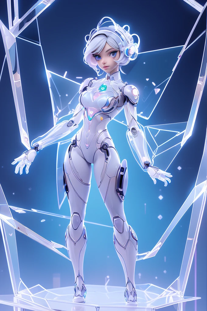 ((full body concept art, simple background)), ((Best Quality, best resolution, award-winning portrait, official art)), ((perfect Masterpiece)). Young beautiful girl, (Best quality,A high resolution,Ultra - detailed,current),Ariana Grande japonesa androide cyborg ,(detailed: 1.4), (Absurd), mature woman, beautiful face, perfect body, bare thighs, long legs, cyberpunk post apocalyptic colors. She has (short white hair), ((the most beautiful and sexy aesthetic)), sexy, cleavage showing, hot, sexy, seductive posture, mecha arm, tech suit,(Best quality,A high resolution,Ultra - detailed,current),Ariana Grande Japanese android cyborg,robotic parts, beautiful studio with soft light, Vibrant details, Luxury cyberpunk, (Android body made of white and silver transparent glass and plastic..:1.4), (Internal mechanisms of the silver+pink metal body), dynamic pose, Fluid organic components, Detailed engraving, lace designs, (Shiny gold circuits:1.4), (eyes detailed blue :1.4 ), (cowboy pose), (realistic), 8K high quality detailed art, Fanart Best ArtStation, fantasy art style, (transparent glass body:1.4), (perfect anatomy) ,High Definition, (laboratory background Robotic futuristic dystopia colors:1.4),(detailed fingers),(detailed face:1.4), (no mutations),(detailed face V2.1), (masterpiece:1.4), ((Best quality:1.4),