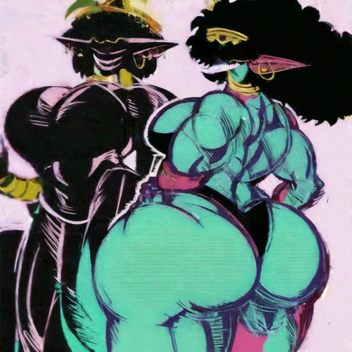 (masterpiece, best quality:1.2),1 girl, voluptuous body, full body, masterpiece, dominant pose, good anatomy, no extra limbs, big ass, thick thighs, black hair, voluminous afro, pointy ears, gold earrings, black top with red details, black skirt with red details, gold necklaces