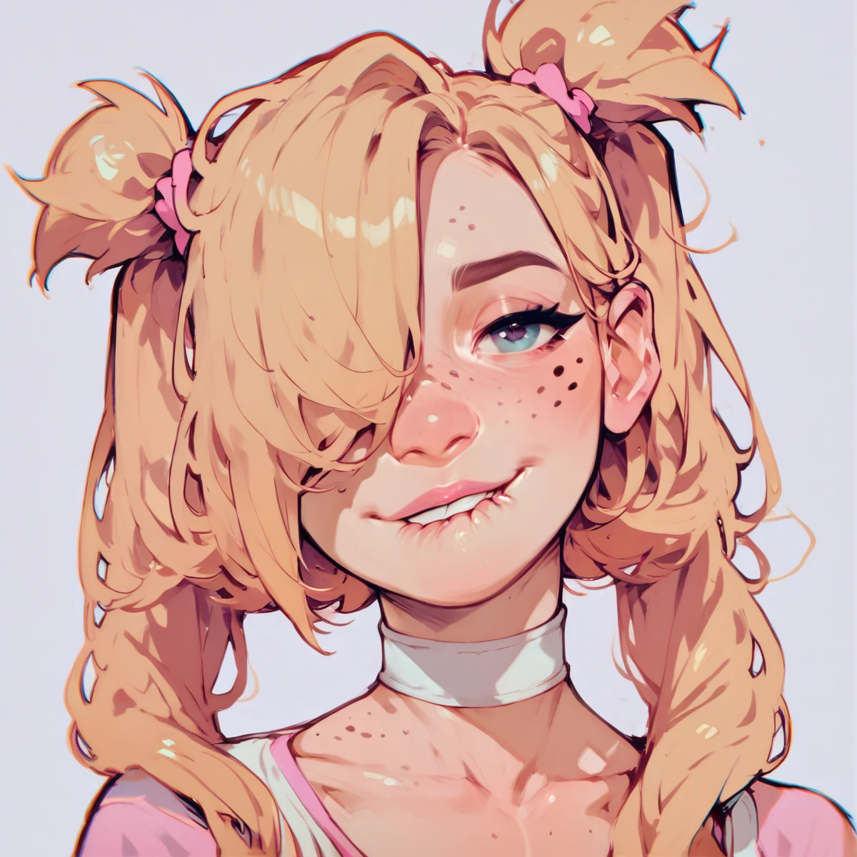 score_9,score_8_up,score_7_up,score_6_up,score_5_up,score_4_up, 1girl, pretty girl, blonde hair, in twintails, hair over 1 eye, cute nose. biting lip, seductive, white choker, pink lips, freckles,