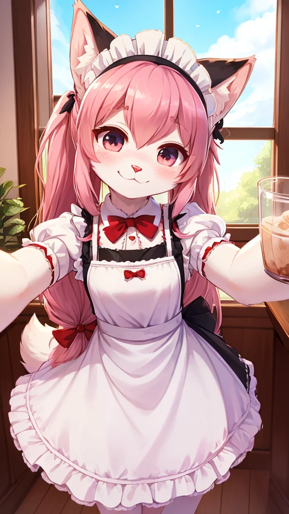 (fluffy anthro furry: 1.6),(young: 1.6),cat girl,mini girl,pink long hair,ponytail,ribbon with ponytails,white fur,beautiful cafe,clear window,maid headdress,maid outfit,black maid glove,maid stocking,red bowtie,seductive face,smile,looking at viewer,blush,selfie