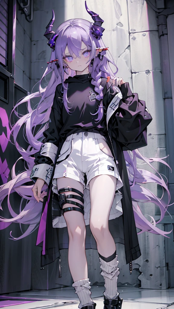 boy. open forehead. Long dark purple hair braided on the left side. Black horns with white ribbon. pale violet eyes. Long white t-shirt. Dark purple shorts. Dark purple knee socks. Robe with a white hood with an ornament of gold rings. Concrete walls black limit purple light water on the floor