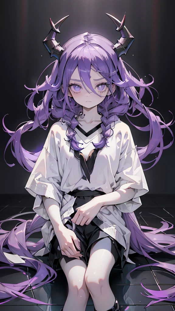 boy. open forehead. Long dark purple hair braided on the left side. Black horns with white ribbon. pale violet eyes. Long white t-shirt. Dark purple shorts. Dark purple knee socks. Robe with a white hood with an ornament of gold rings. Concrete walls black limit purple light water on the floor