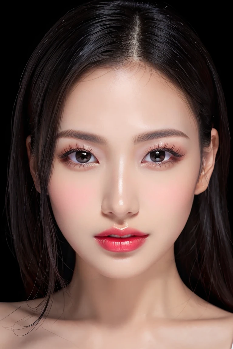 (Highest quality、Tabletop、8k、Best image quality、Award-winning works)、Cute beauty、(nude:1.5)、(The simplest pure black background:1.5)、(Face close-up:1.6)、Accentuate your body lines、Beautiful and exquisite、Expressionless、(look straight at me:1.1)、(stand upright facing forward:1.1)、(Perfect Makeup:1.1)、(Bright lipstick:1.1)、Ultra-high definition beauty face、Ultra HD Hair、Ultra HD Shining Eyes、Ultra-high quality, vibrant and glossy lip color、Accurate anatomy、Very beautiful skin、Ultra high resolution and beautiful, Glowing Skin、An elegant upright posture when viewed from the front、Sweaty skin、Hot face、Damp Hair、Moist Skin