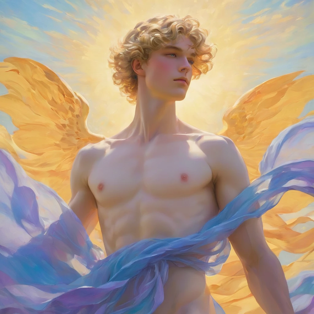 candid an image of 23 year old an attractive and charming prince, inspired by Sandro Botticelli's painting The Birth of Venus. Position in a graceful contrapposto stance (in a field of vibrant swirling irises). short curly blonde hair, a masculine appearance with slender smooth body, delicate and symmetrical face, natural pale skin tone, (male nude wrapped in classical drapery sheer rainbow color fabric), with flowing dramatically in the wind, some fabric to billow as if caught by a gentle breeze. The composition include mythological elements, such as a backdrop of a serene ocean with a golden sunrise and nymphs to frame the scene. Illuminate the scene with soft diffused lighting to create a dreamlike, celestial atmosphere, capturing the delicate interplay of light and shadow on his face and body. ((full body shot)), wide-angle lens on a high-resolution DSLR camera to capture the grandeur and intricate details of the setting, while shooting from a low angle to emphasize the model's majestic presence. The overall mood should blend the classical elegance of Botticelli's work with a modern, high-fashion aesthetic, producing an image that feels both timeless and contemporary, adding the Two Cherubs in the sense to balance and harmony the photo, evoke the soft ethereal quality of the Renaissance style, POV, raw photo, ((masterpiece)), ((best quality:1.4)), High Resolution, (ultra_realistic:1.37), (photorealistic:1.4, (NSFW), ((Pay attention to the layer and arrangement of body parts and surrounding objects)), ((Pay attention to the body composition)), ((Correct body structure)), ((Correct photo distance)), romantic atmosphere, lively extremely Gorgeous background),