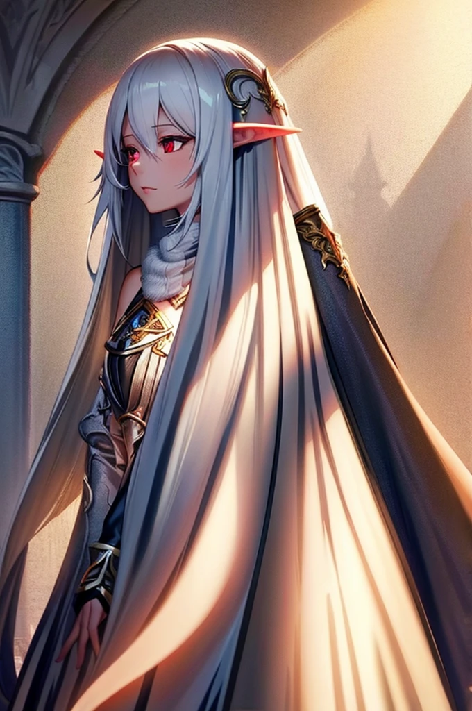 mature knight female elf, full body, long white hair, pointed ears, white skin, red eyes, confident expression, full plate adorned armor.