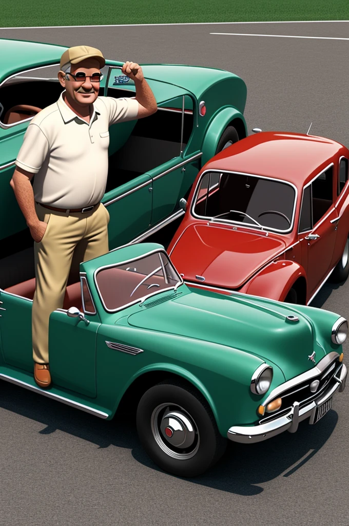Dad and each in a classic car 3D cartoon