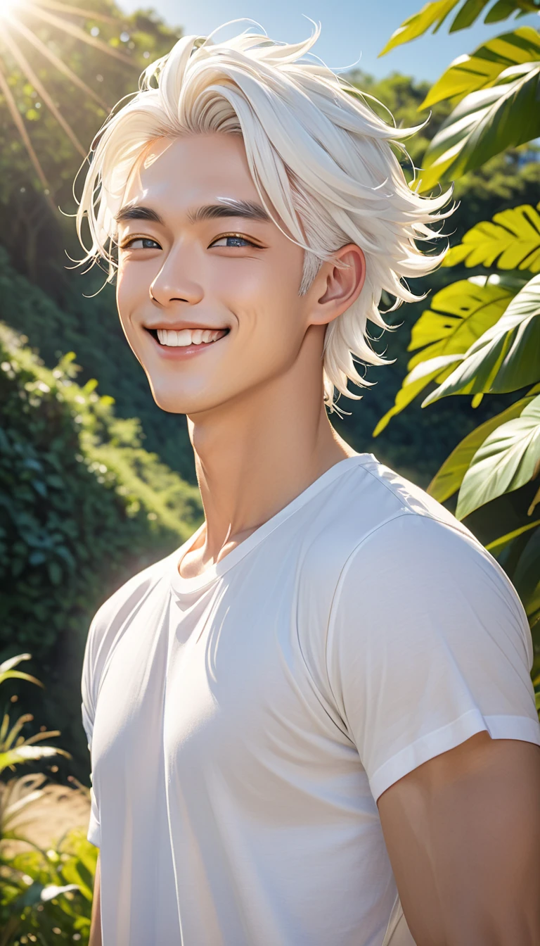 double eyelid、male、Muscular、Foreigners、White skin、smile、Smiling with teeth showing、White Hair、Set hairstyle、T-Shirts、Under the blazing sun、sunlight、summer、Dazzling、20th Generation、Bony face、tall、White eyebrows、Narrow eyes、Light blue eyes、Perfect figure、masterpiece、No bangs、Nature