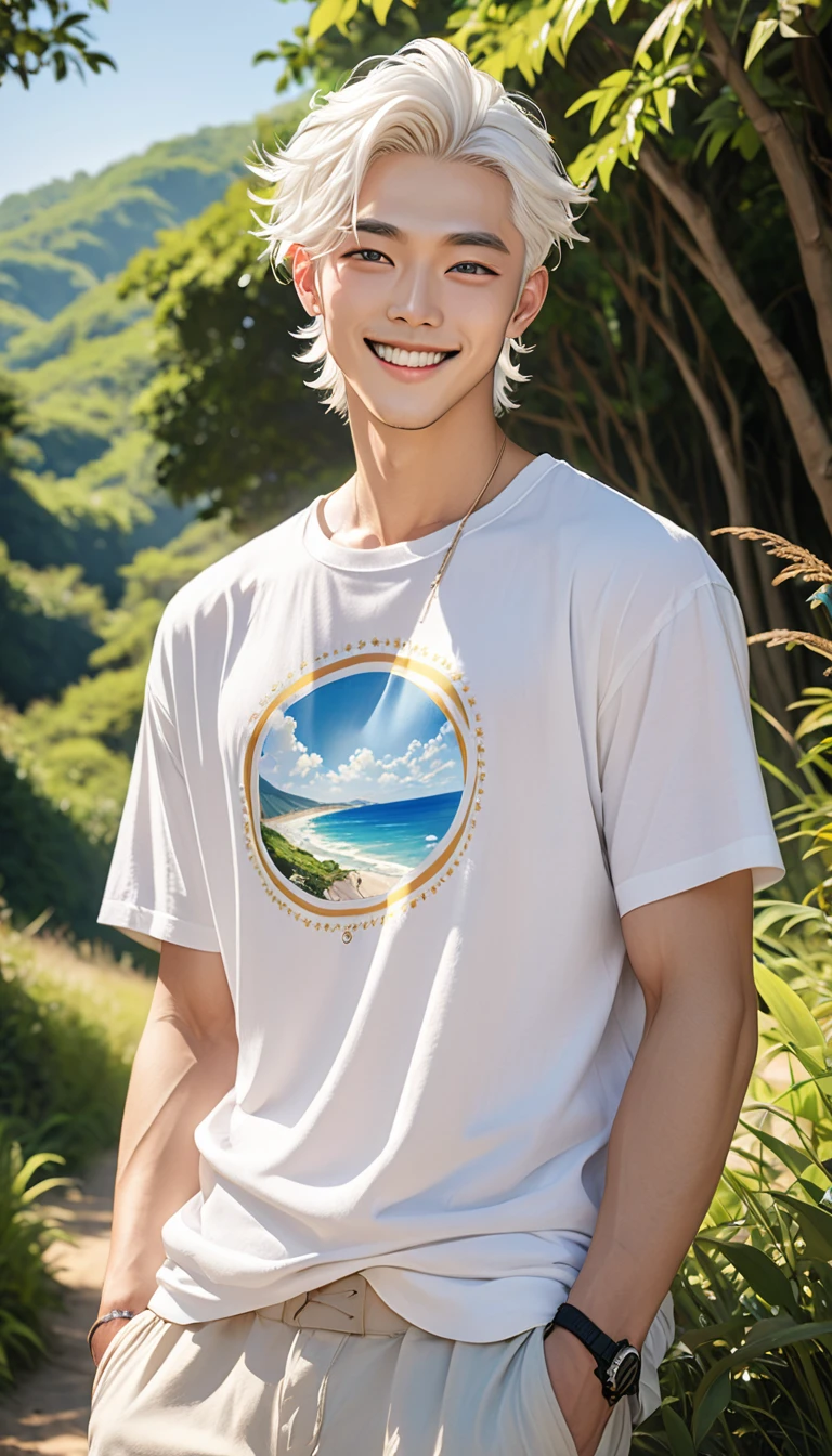 double eyelid、male、Muscular、Foreigners、White skin、smile、Smiling with teeth showing、White Hair、Set hairstyle、T-Shirts、Under the blazing sun、sunlight、summer、Dazzling、20th Generation、Bony face、tall、White eyebrows、Narrow eyes、Light blue eyes、Perfect figure、masterpiece、No bangs、Nature