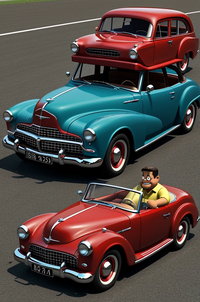 Dad and  each in a classic car 3D cartoon
