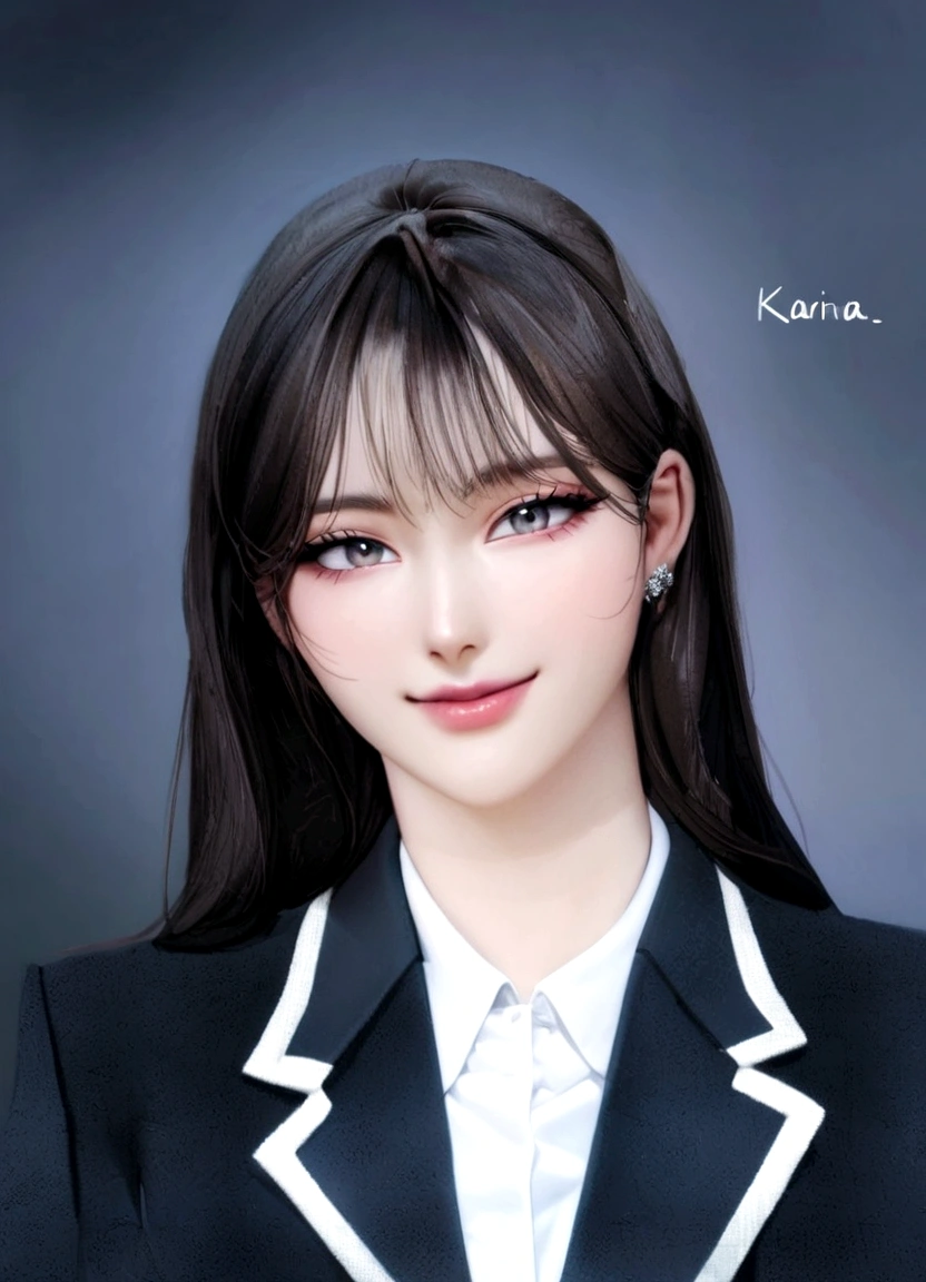 a close up of a woman in a suit smiling at the camera, ,  korean , korean idol, karina aespa,cool girl 