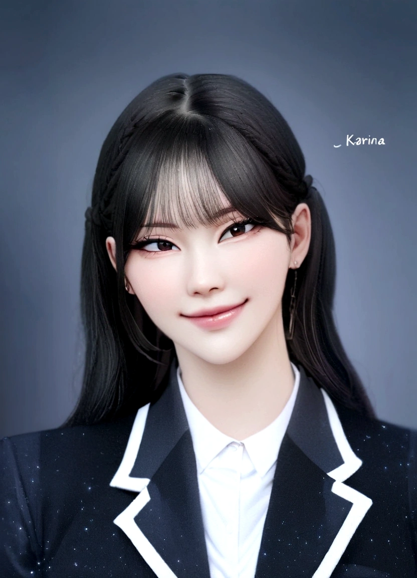 a close up of a woman in a suit smiling at the camera, , korean , korean idol, karina aespa,cool girl