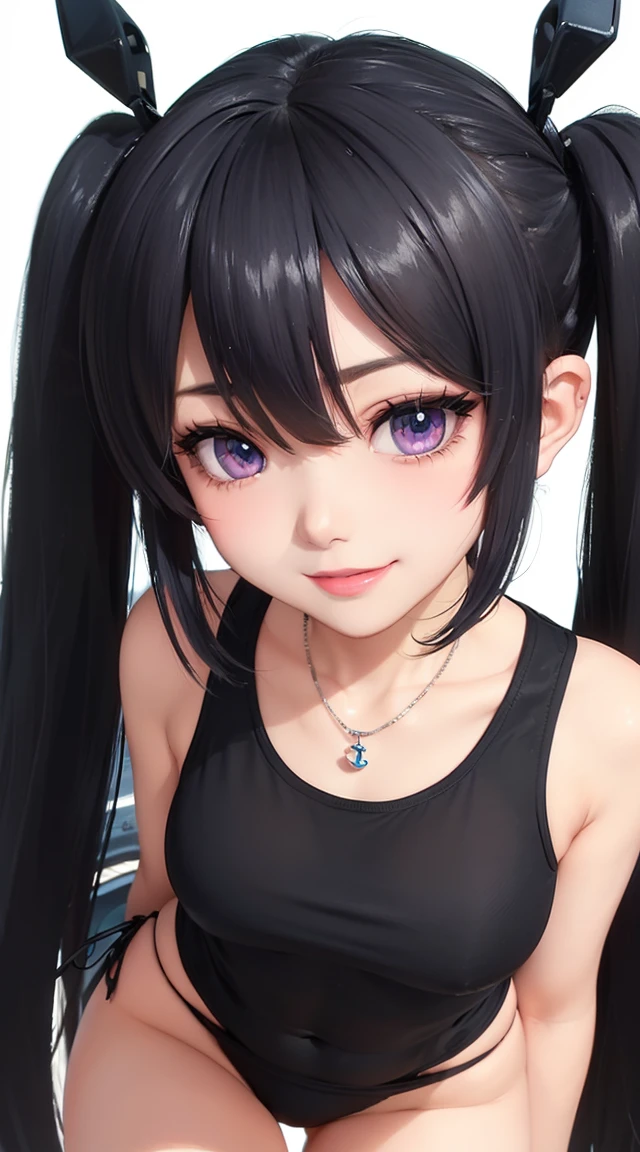 (masterpiece:1.3), (Best Quality:1.3), (Ultra-detailed:1.2), ((kawaii)), Cute, (lovely), ((sexy)), ((Extremely detailed)), 4K, (8K), Best Quality, (Beautiful), Illustration, anime style, (bold line:1.2), Gradation, looking at viewer, //, (bent down:1.1), (arms behind back), //, a cute girl, 1girl, (solo:1.2), gleaming skin, //, (big chested), (Perfect eyes:1.2), (Perfect iris:1.2), //, darkblue hair color, (beautiful eyes) //, (half closed eyes:1.3), (sexual expression:1.2), Fascinated expression, smile, (blush:1.2), //, modern city background, on rock, twin tails, muscle girl, hard abs, exposed abs, NECKLACE, bikini, tank top
