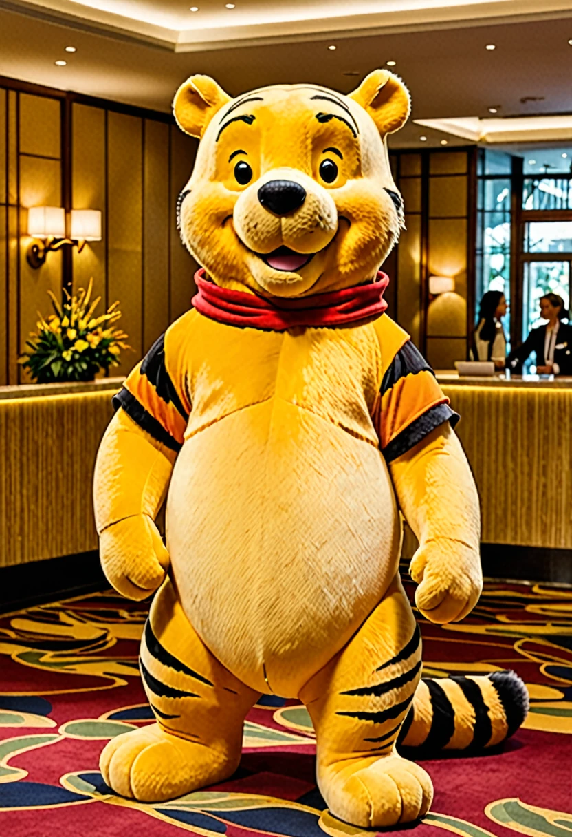 Winnie the Pooh's tiger figure sits at the hotel reception