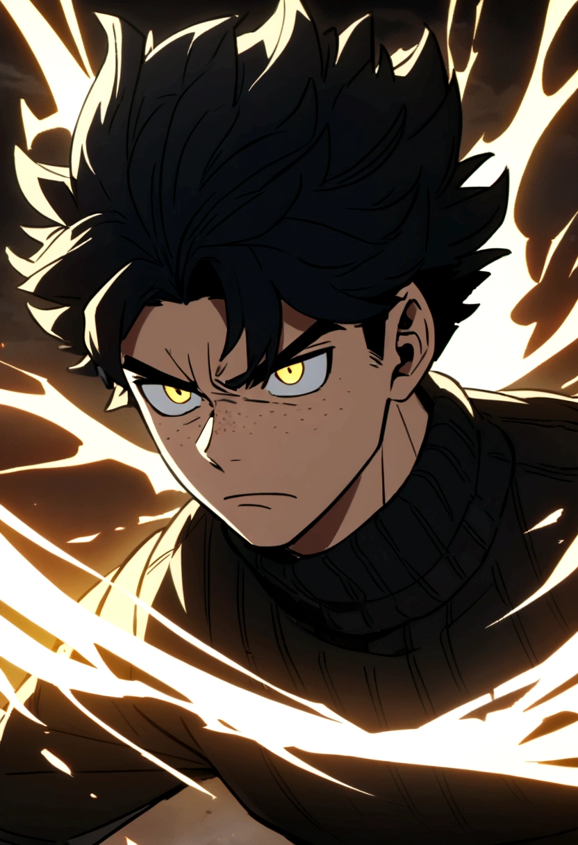 screenshot of my hero academy. a boy with black hair and some blue strands in his hair, intense yellow eyes, freckles on his face, with a serious expression. he is wearing a black sweater..