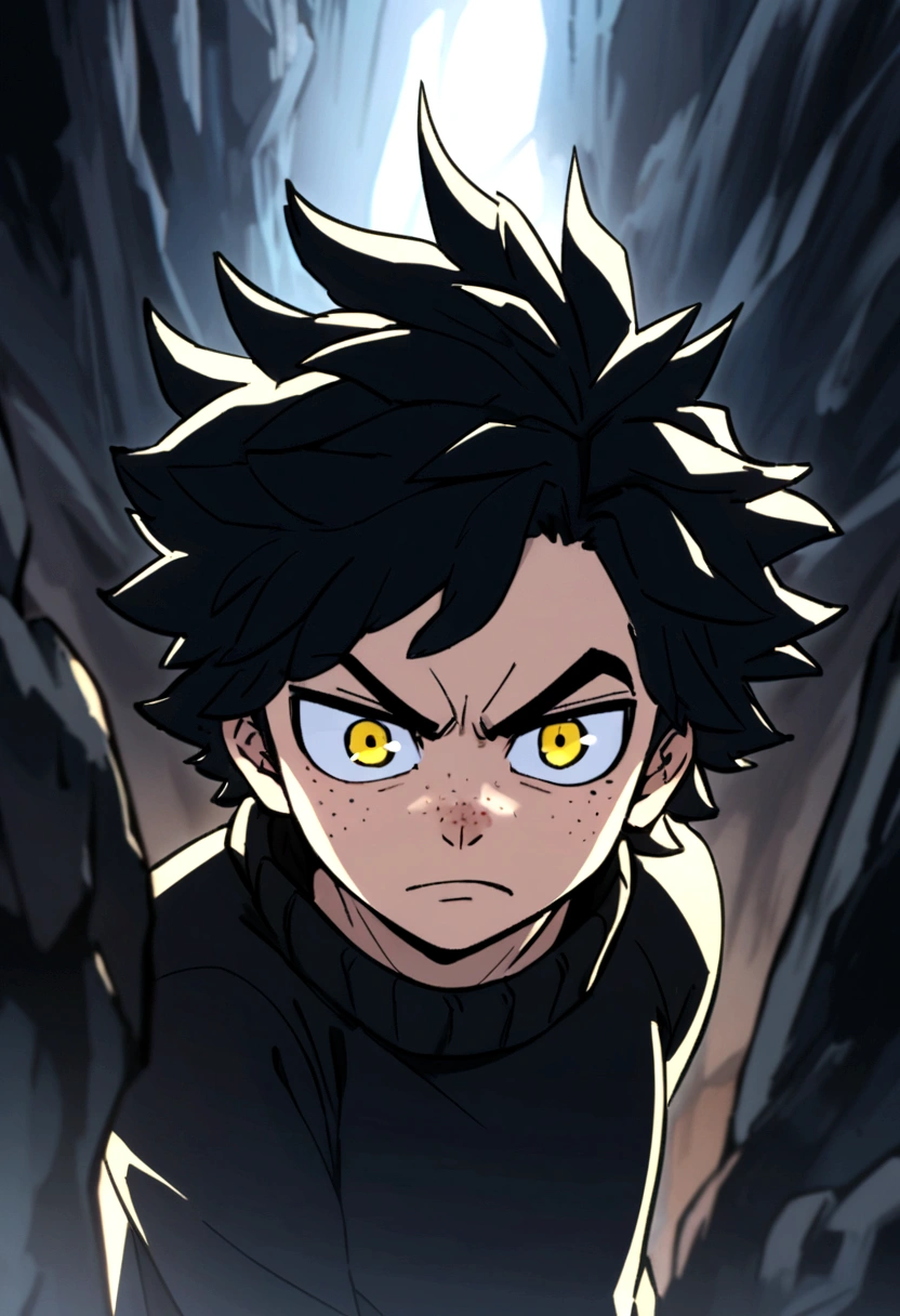 screenshot of my hero academy.  a boy with black hair and some blue strands in his hair, intense yellow eyes, freckles on his face, with a serious expression. he is wearing a black sweater..