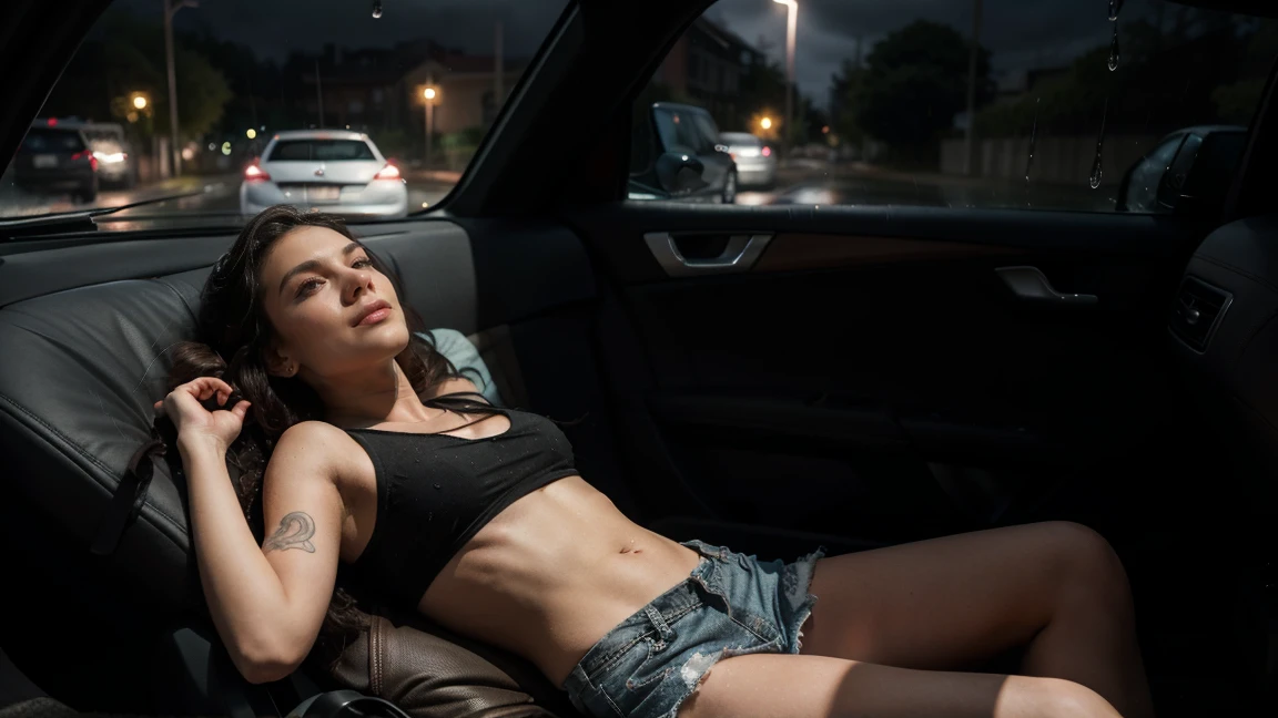 punk rock style girl with closed eyes sleeping wearing shorts is sleeping inside a car theres a windown next to her with raindrops, night light cinematic, car interior