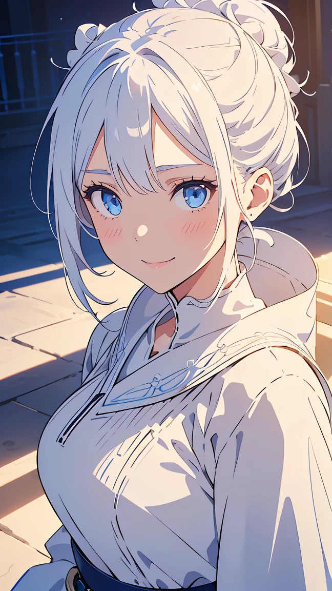 Anime,Girl1,round face,blue eyes,white hair,double bun hairstyle,white eyeshadow,cowboy shot,(white Arabic abaya dress,waist belt,smile),(Highly detailed CG,module,8K wallpapers)،(Highest quality, high resolution, beautiful lighting, realistic shadow, high resolution)،(Detailed skin, highly detailed, detailed faces and eyes, realistic eyes)
