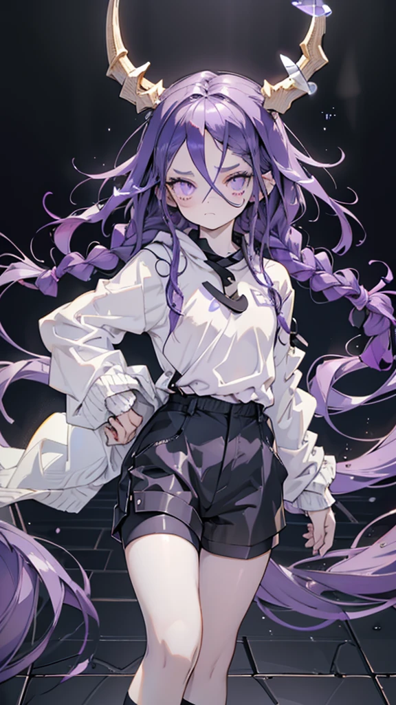 boy. open forehead. Long dark purple hair braided on the left side. Black horns with white ribbon. pale violet eyes. Long white t-shirt. Dark purple shorts. Dark purple knee socks. Robe with a white hood with an ornament of gold rings. Concrete walls black limit purple light water on the floor