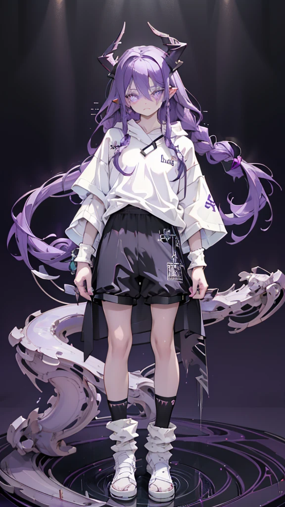 boy. open forehead. Long dark purple hair braided on the left side. Black horns with white ribbon. pale violet eyes. Long white t-shirt. Dark purple shorts. Dark purple knee socks. Robe with a white hood with an ornament of gold rings. Concrete walls black limit purple light water on the floor