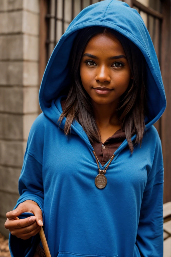 hobbit brown skin, with blue hood showing pennies 