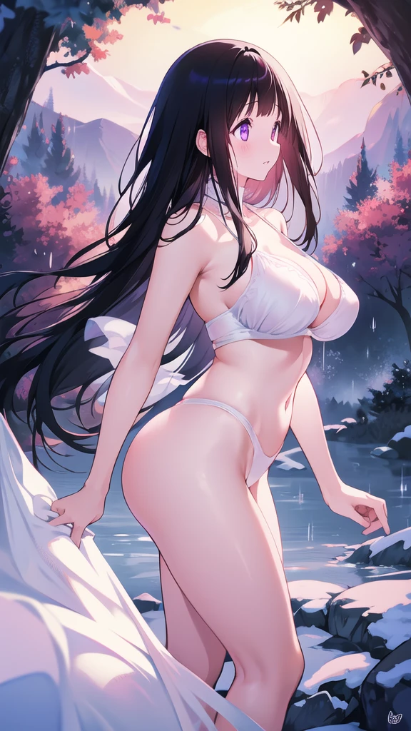 Beautiful Chitanda,只有一个beautiful girl,Purple Eyes, Black Hair, Natural straight hair, Straight bangs,Extremely refined,open your lips,Face is so red,Very white skin,Skin as delicate as porcelain,Glowing skin,big eyes,Flowing long hair,beautiful girl, Like a dream,Slim,Slim waist,Soft, (Sensual), (Kawaii), Dream quality,Snowy mountain forest at night,Leaves cover the body,Sweaty and sweaty,Profile,Side breasts,Lower breasts,Underwear Rain,(Completely naked),Gluteal groove,Completely naked的背部,nacked hip,Bare belly,very close,Deep V neckline,Loose neckline,Beautiful big breasts,No pants,Delicate clavicle,Delicate hands and feet,Bare neck,There is no decoration on the neck,Bare thighs,Exposing the groin,Camel toe,extremely shy,Ultra-high resolution, (masterpiece:1.2, best quality), (Delicate and beautiful eyes: 1.2), (Beautiful and delicate face)