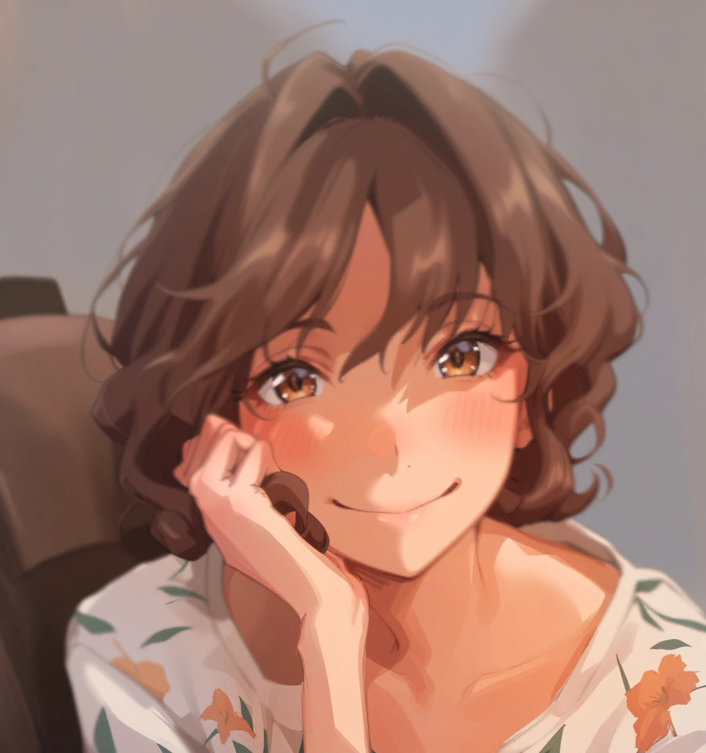 {{{sincos (sincos), no human}}}, girl, beautiful face, smiling, curly brown hair, portrait, looking at viewer.