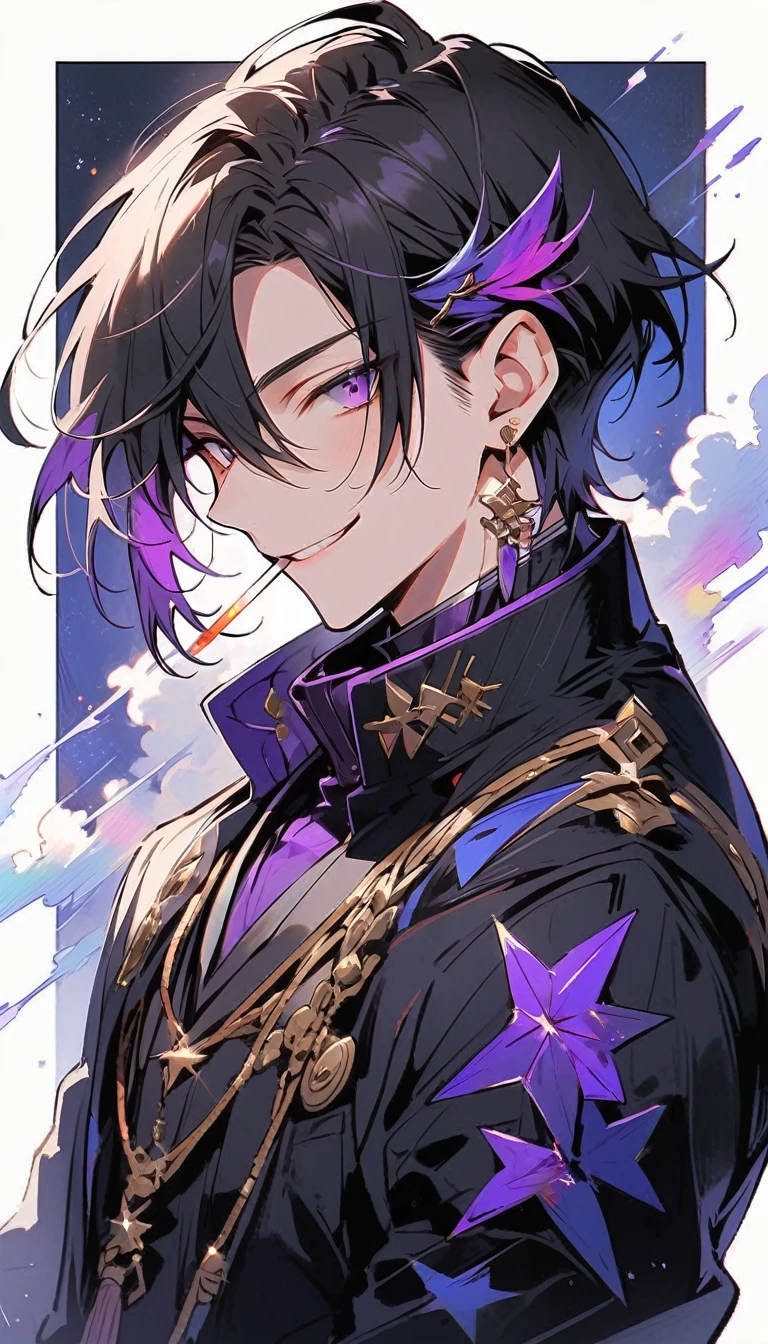 good looking, alone, 1 male, short hair, Smile Facial,1. Boy with black and purple hair, Moderate height, Slim body, Long coat, Black lining,good looking, short hair, Black Hair, Rainbow Hair, Purple eyes, 先端がスモーキーグレーのBlack Hair, smoking, Black light,smile、, Bright, sharp eyes illuminate the scene,uniform,Fewer accessories,whole body,Background white
