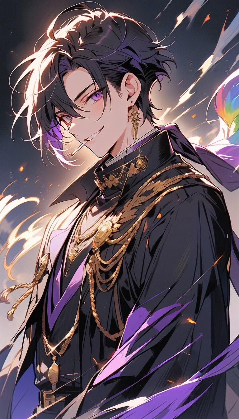 good looking, alone, 1 male, short hair, Smile Facial,1. Boy with black and purple hair, Moderate height, Slim body, Long coat, Black lining,good looking, short hair, Black Hair, Rainbow Hair, Purple eyes, 先端がスモーキーグレーのBlack Hair, smoking, Black light,smile、, Bright, sharp eyes illuminate the scene,uniform,Fewer accessories,whole body,Background white