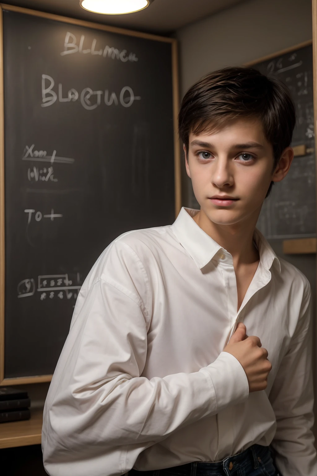 A young, cute, beautiful male twink with black hair, wearing a luxurious white long-sleeved shirt and jeans. He is in his office, and behind him is a blackboard with calculus written on it, and neon energy comes out of the blackboard. He looks proudly, his eyes have dark circles under them, and he looks with a look of horror.