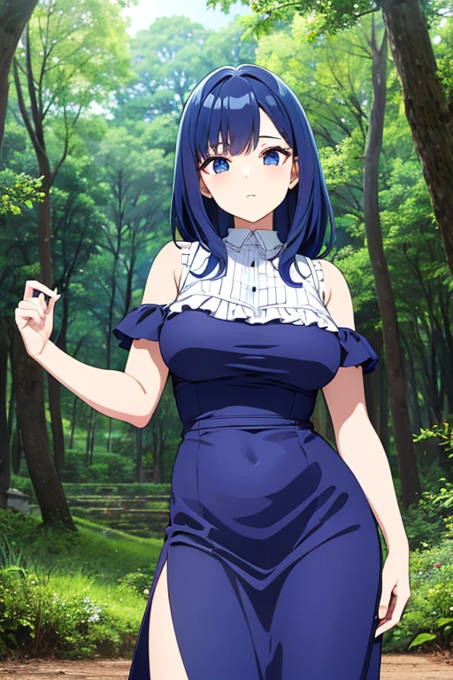 Mujer anime,en el bosque,ropa antigua,epoca mediabal,esta en el bosque,se le ve solo la cara y parte del cuerpo,pechos grandes,vestido azul,ojos azules y pelo largo,pelo azul