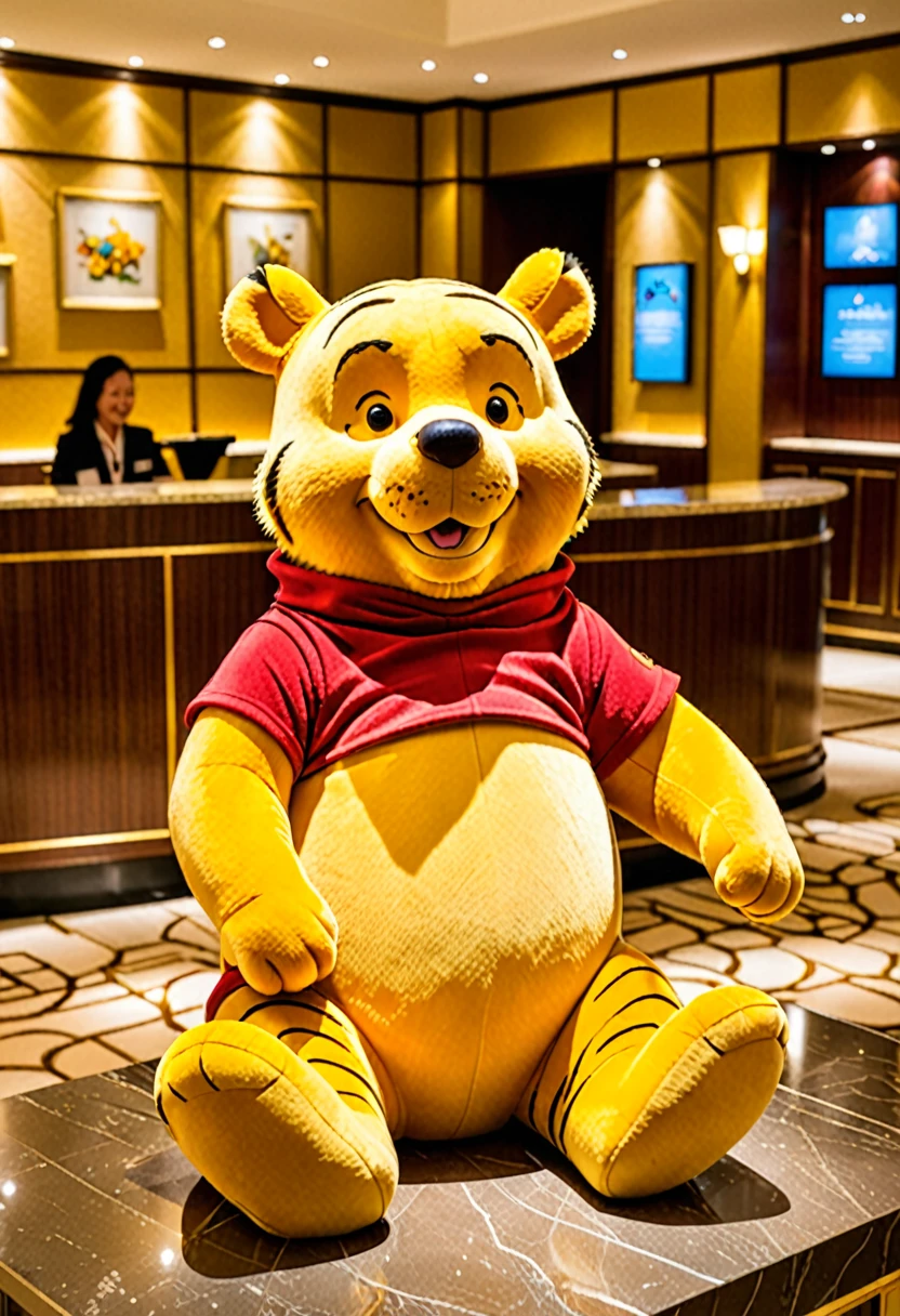 Winnie the Pooh's tiger figure sits at the hotel reception