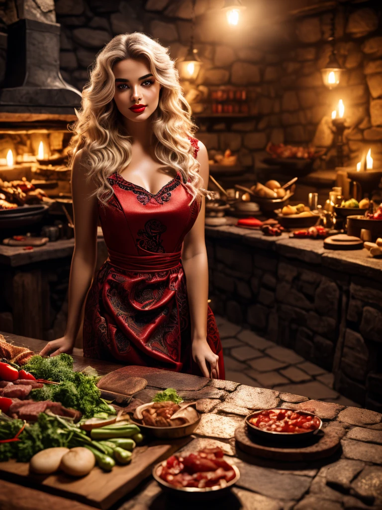 beautiful girl, blonde, red lips, (in red-black dress), cooking in medieval kitchen, table, medieval oven, meat, vegetables, (detailed background:1.5), (intricate environment details), (hyperdetailed), (detailed skin and hair texture)+++, (ultra realism), (8K UHD), (ultra quality), (dslr)