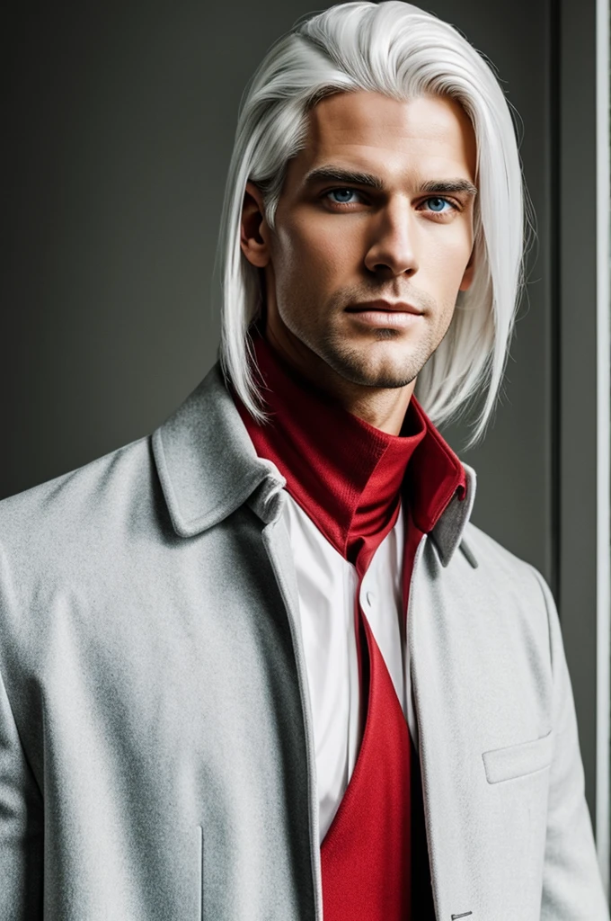 Tall, handsome man white hair red eyes