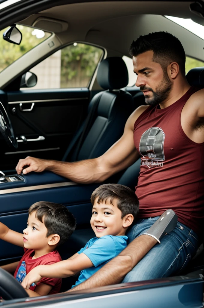 Dad and kid each in a muscle car