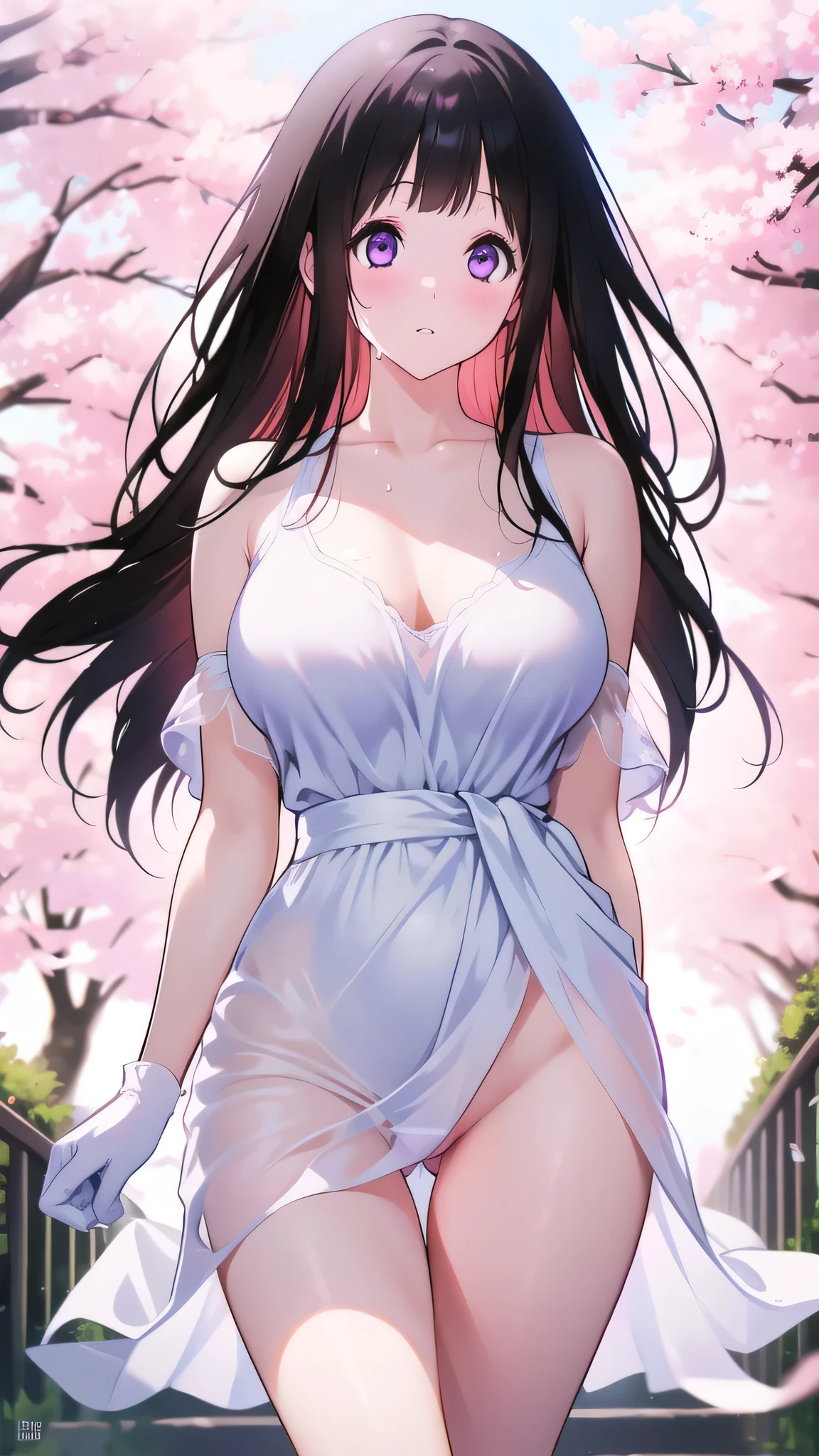 Amazing Chitanda, There is only one beautiful girl,Purple Eyes, Black Hair, Very red face,Very white skin,Glowing skin,Skin as delicate as porcelain,Naturally straight hair, Straight bangs,Extremely refined,Open lips,Long flowing hair,Beautiful Girl, Like a dream,Slim,Slim waist,Soft, (Sensual), (Kawaii), Dream quality,Beautiful big breasts,Transparent dress,Areola,Completely naked,White gloves,Flower decoration,Deep V neckline,Loose neckline,Wide neckline,Walking in school,Place your hands on your inner thighs,Sweaty and sweaty,Underwear Rain,Next to the cherry blossom trees,Back to,Lean over,Hips,Side body,Gluteal groove,Completely naked buttocks,Bare back,Completely naked back,Light transmission,(no pants),nopan,pussy juice,Bare shoulders,Bare neck,Exposed collarbone,Exposing breasts,Exposing breasts side,Exposing breasts,Show your waist,Show your buttocks,Show your thighs,Exposing the groin,(No pants),extremely shy,Ultra-high resolution, (masterpiece:1.2, best quality), (Delicate and beautiful eyes: 1.2), (Beautiful and delicate face)