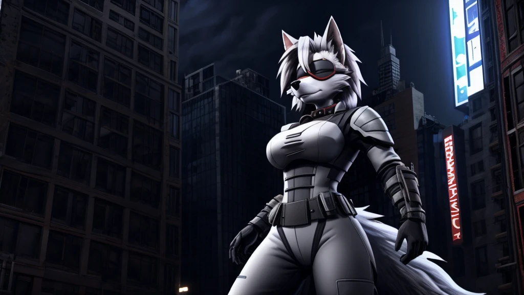 Loona from Helluva Boss, female white wolf, short white hair, blindfold, she is blind, white combat military armor suit, standing above a building, New York, night, dark lighting, extremely detailed, solo, beautiful, high quality, 4K