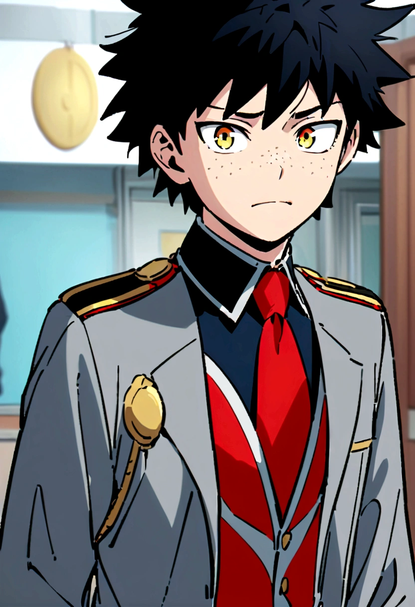 screenshot my hero academy. Boy black hair and blue. Intense yellow eyes with freckles, an expression of tranquility. He wears a U.A uniform, a gray jacket and a red tie, in the background of a school environment.