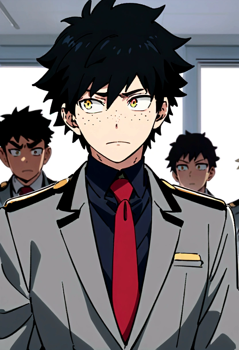 screenshot my hero academy. Boy black hair and blue. Intense yellow eyes with freckles, an expression of tranquility. He wears a U.A uniform, a gray jacket and a red tie, in the background of a school environment.