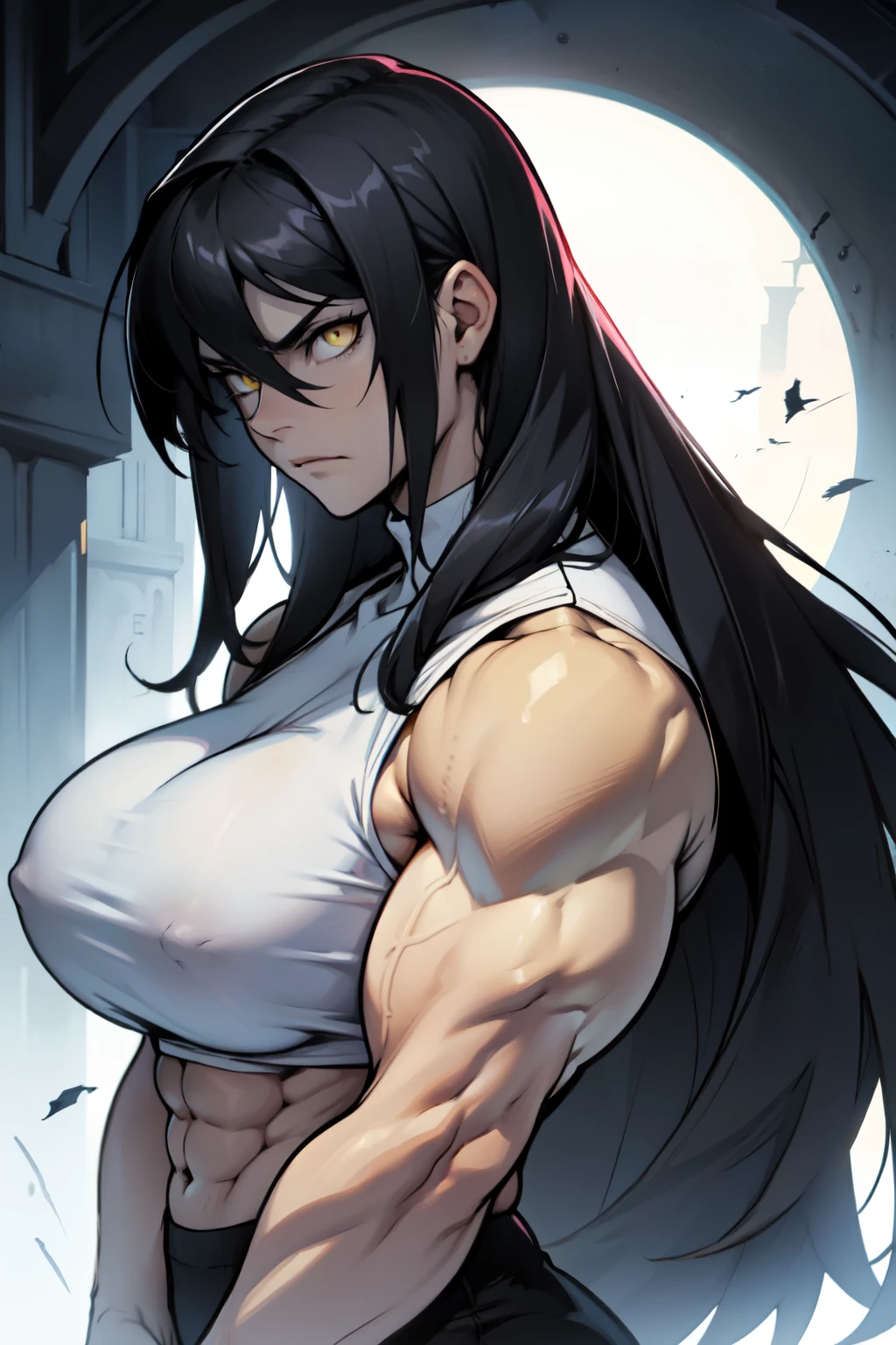 girl ((muscular)) huge breasts toned body black hair yellow eyes very long hair solo pale skin sad frown