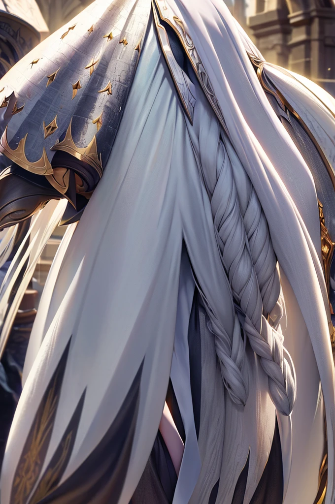 mature elf, full body, long white hair, pointed ears, white skin, red eyes, confident expression, full plate adorned armor.